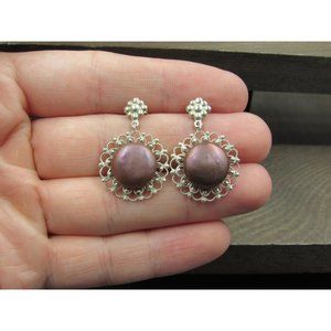 Sterling Silver Fancy Circle Brown Shell Dangle Earrings Vintage Wedding